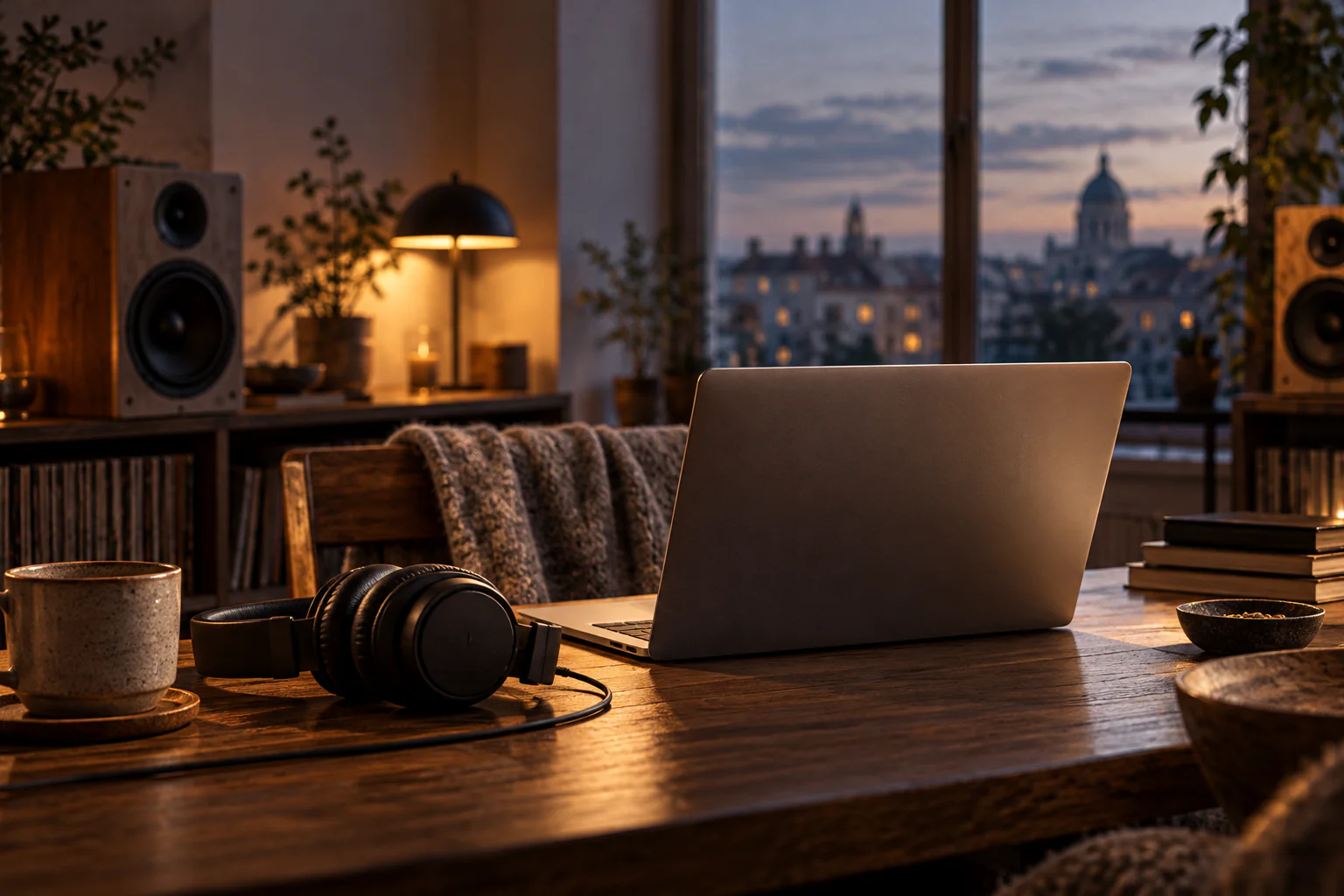 夕暮れの窓辺の机に置かれたノートPCとヘッドホン（AI生成のイメージ）