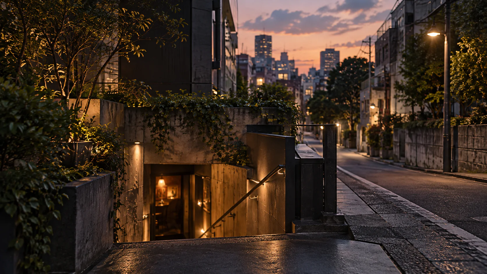 夕暮れの街路と明かりのともる地下入口（AI生成のイメージ）