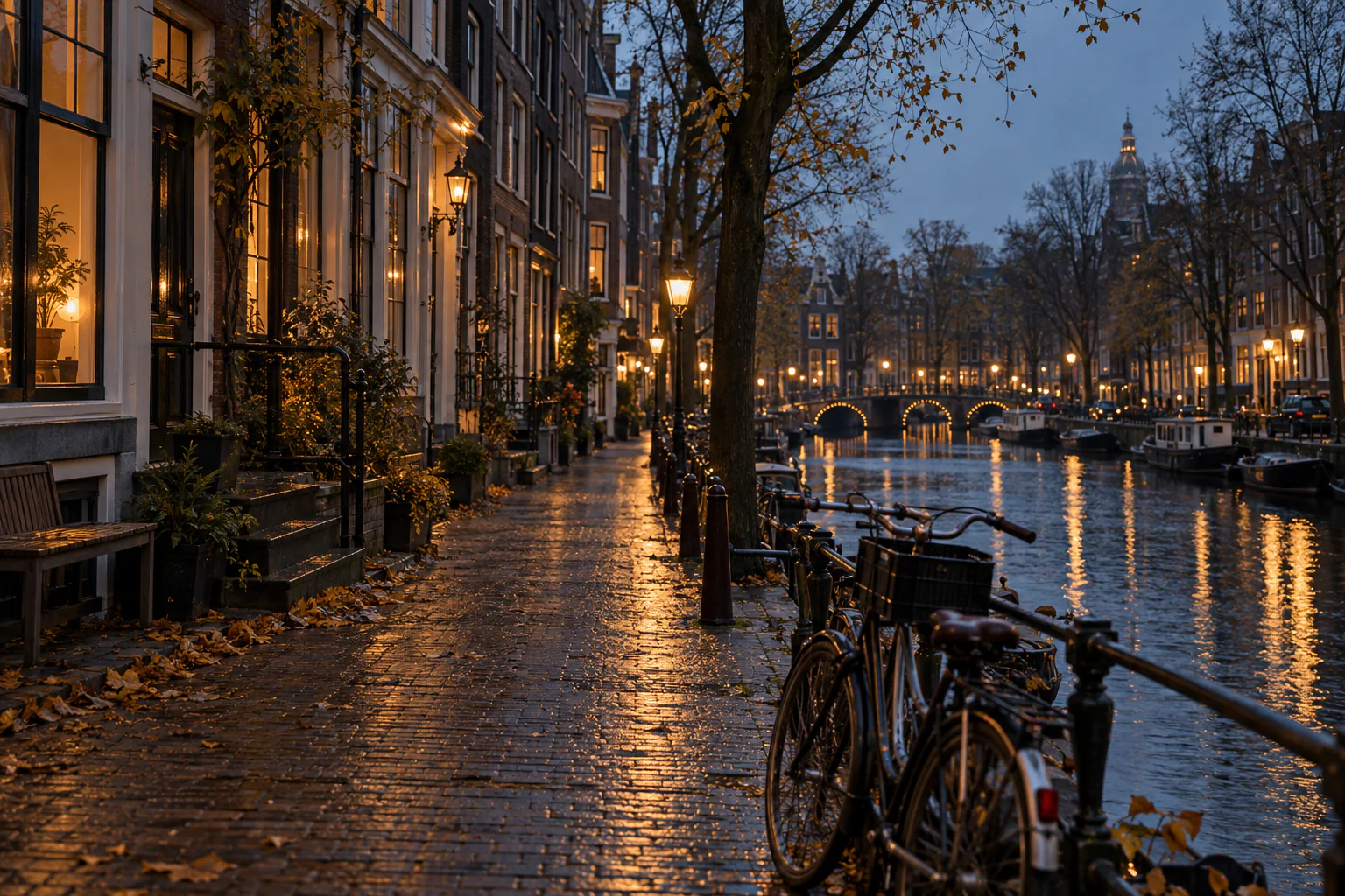 Amsterdamを想起する運河沿いの秋の夕暮れ、自転車と濡れた石畳（AI生成のイメージ）