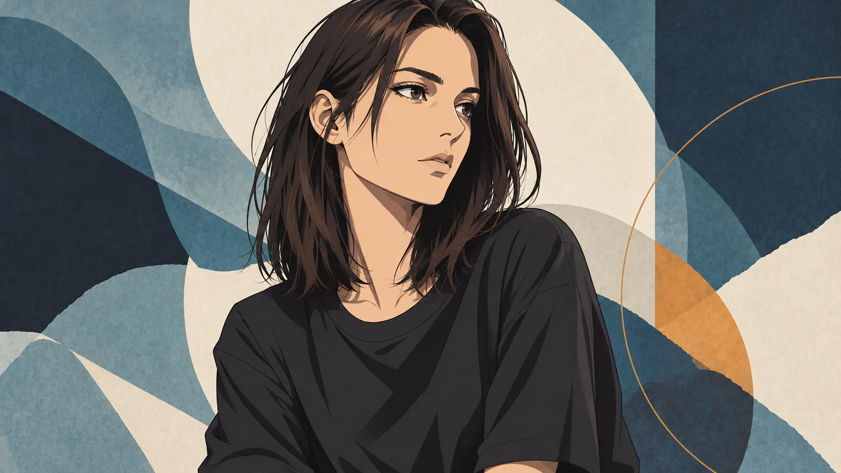 Amelie Lensをイメージした、文字のないAI生成アニメ肖像。青灰色とアイボリーの抽象背景