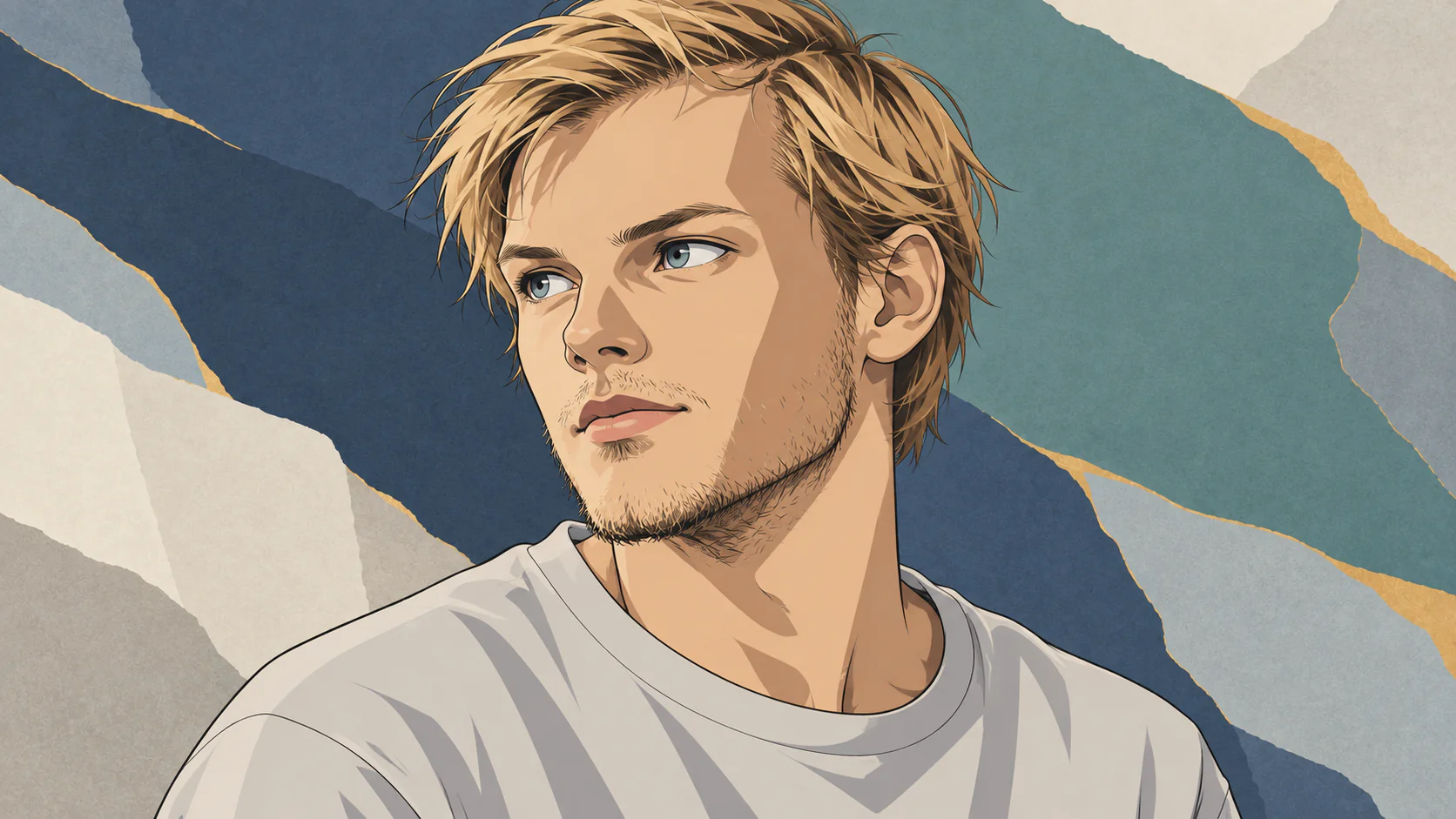 Aviciiをイメージした、文字のないAI生成アニメ肖像。青灰色とアイボリーの抽象背景