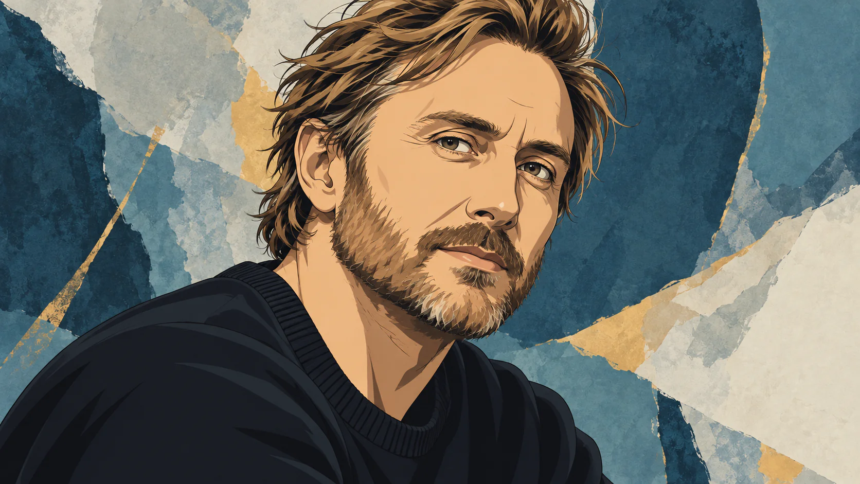 David Guetta（Jack Back）をイメージした、文字のないAI生成アニメ肖像。青灰色とアイボリーの抽象背景