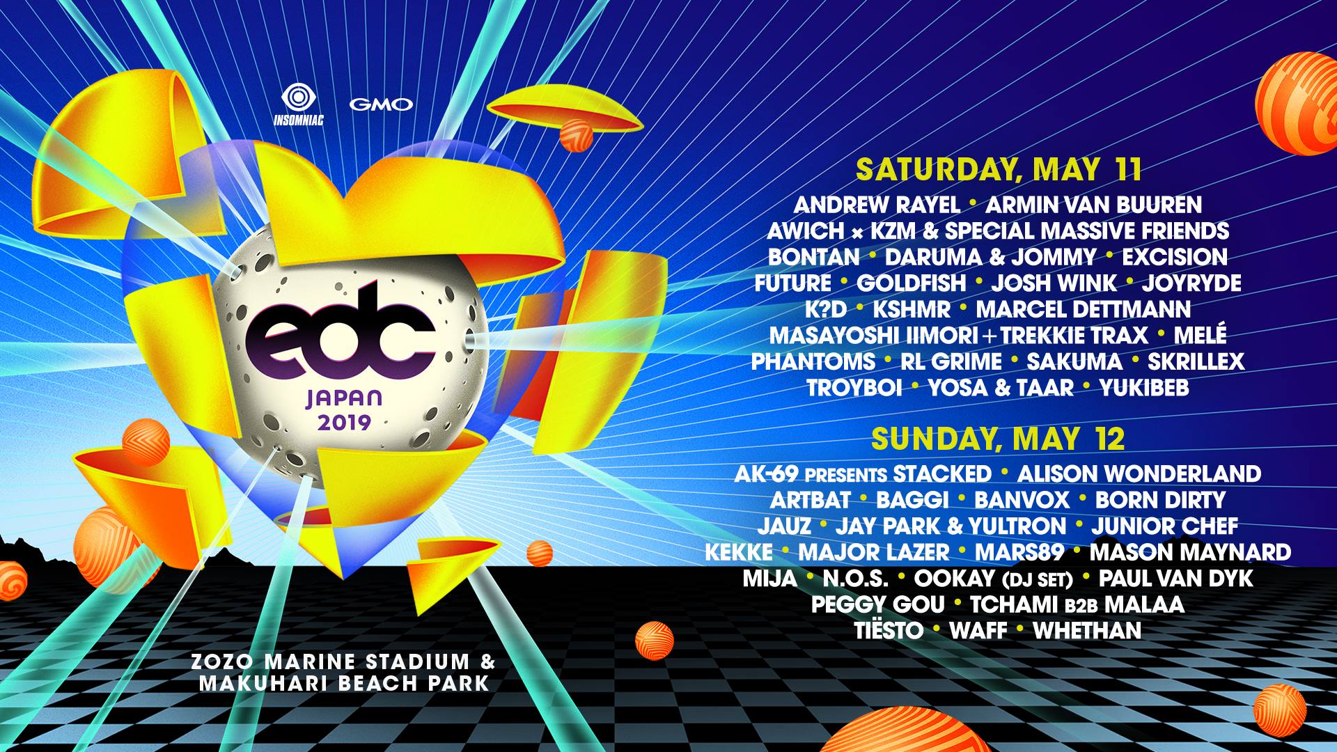 EDC JAPAN 2019のSATURDAY MAY 11／SUNDAY MAY 12の日別出演者一覧と会場名が入った横長原画。