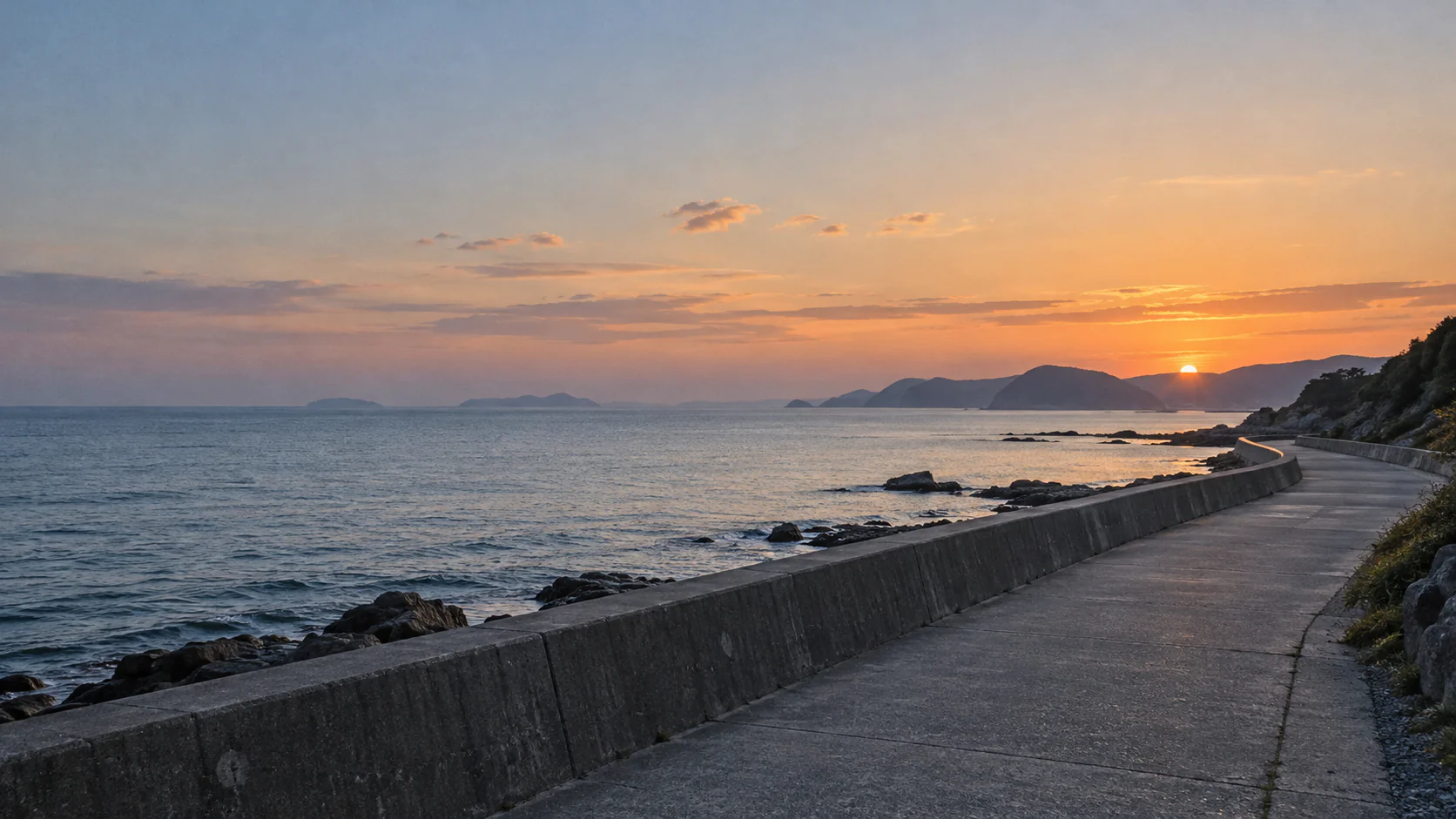 夕日を望む海沿いの遊歩道（AI生成のイメージ）
