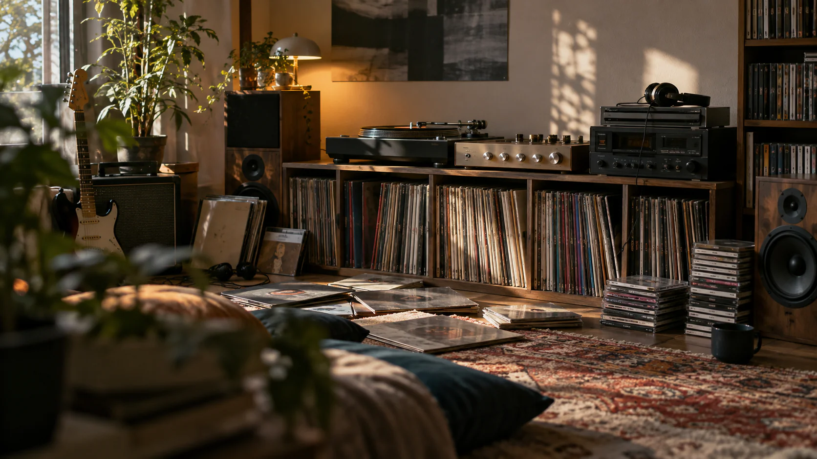 レコード棚とオーディオ機器のある部屋（AI生成のイメージ）