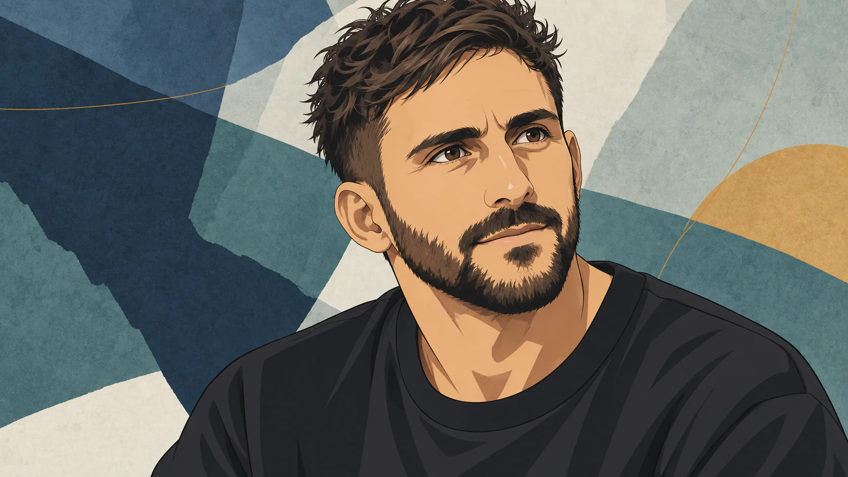 Hot Since 82をイメージした、文字のないAI生成アニメ肖像。青灰色とアイボリーの抽象背景