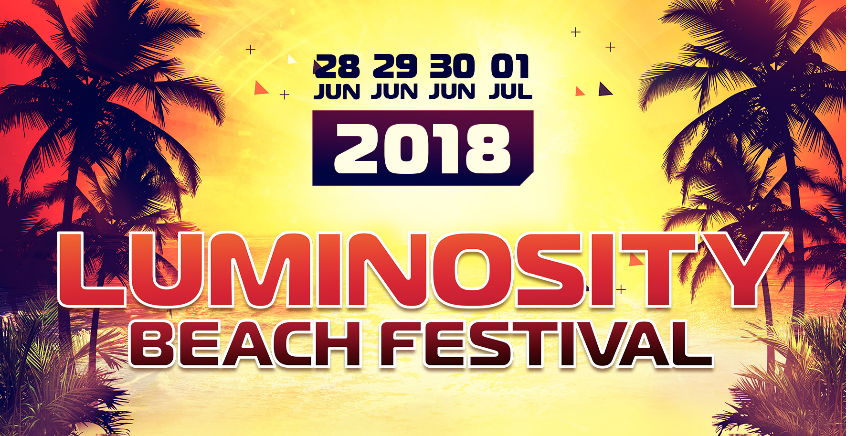 LUMINOSITY BEACH FESTIVAL、2018、JUN 28/29/30 JUL 01を記したヤシの木と夕景の横長告知原画。