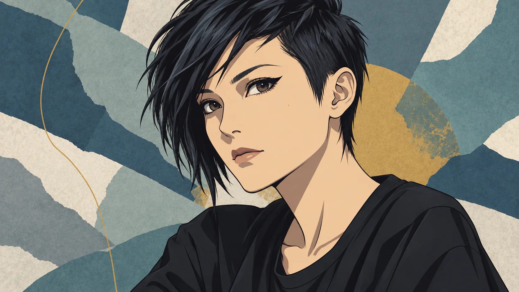 Maya Jane Colesをイメージした、文字のないAI生成アニメ肖像。青灰色とアイボリーの抽象背景