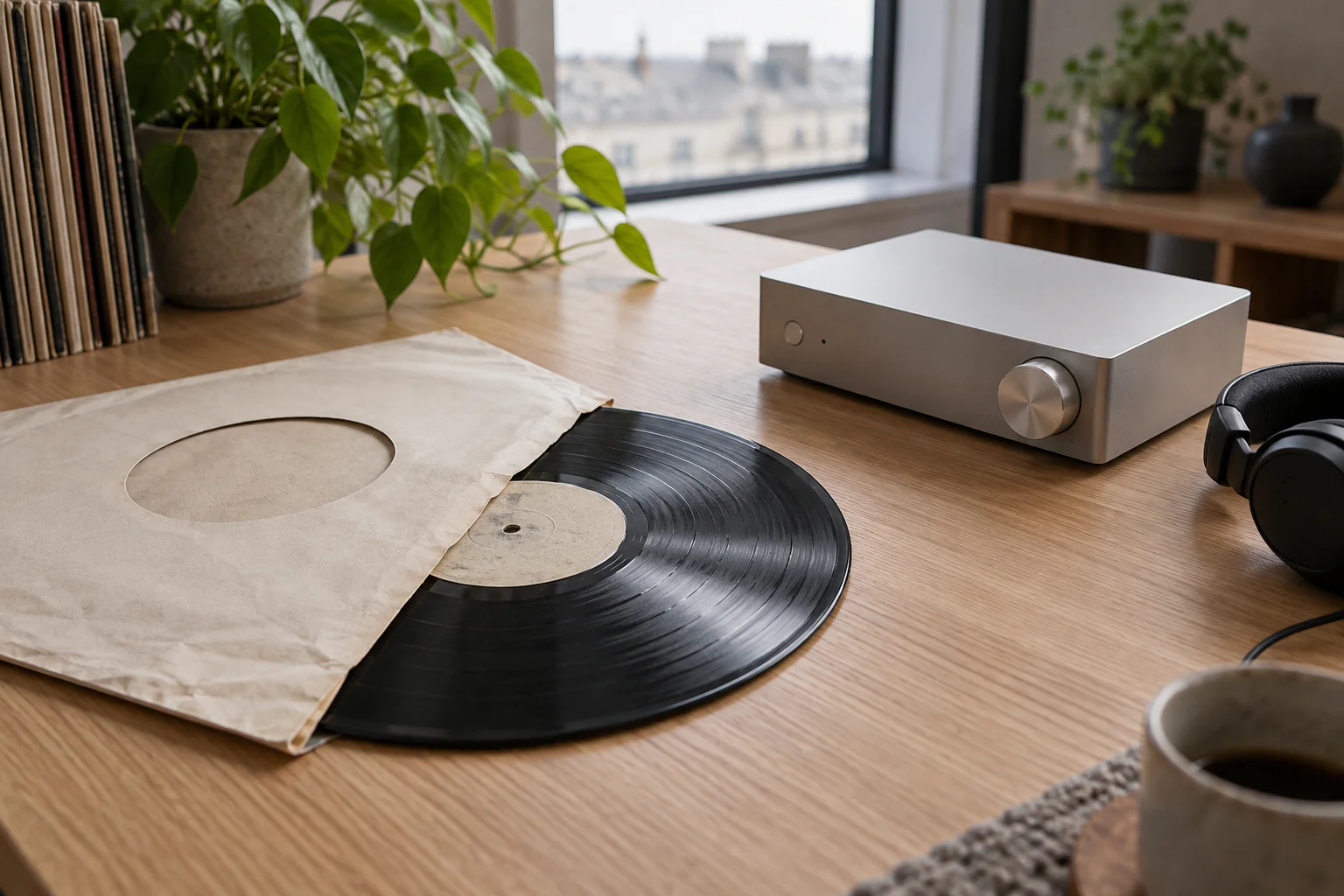 古いレコードと無地の現代的なオーディオ機器（AI生成のイメージ）