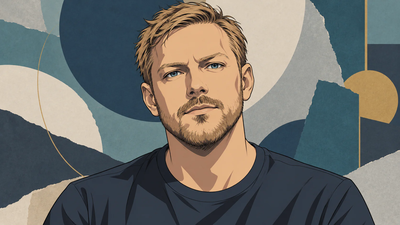Eric Prydzをイメージした、文字のないAI生成アニメ肖像。青灰色とアイボリーの抽象背景