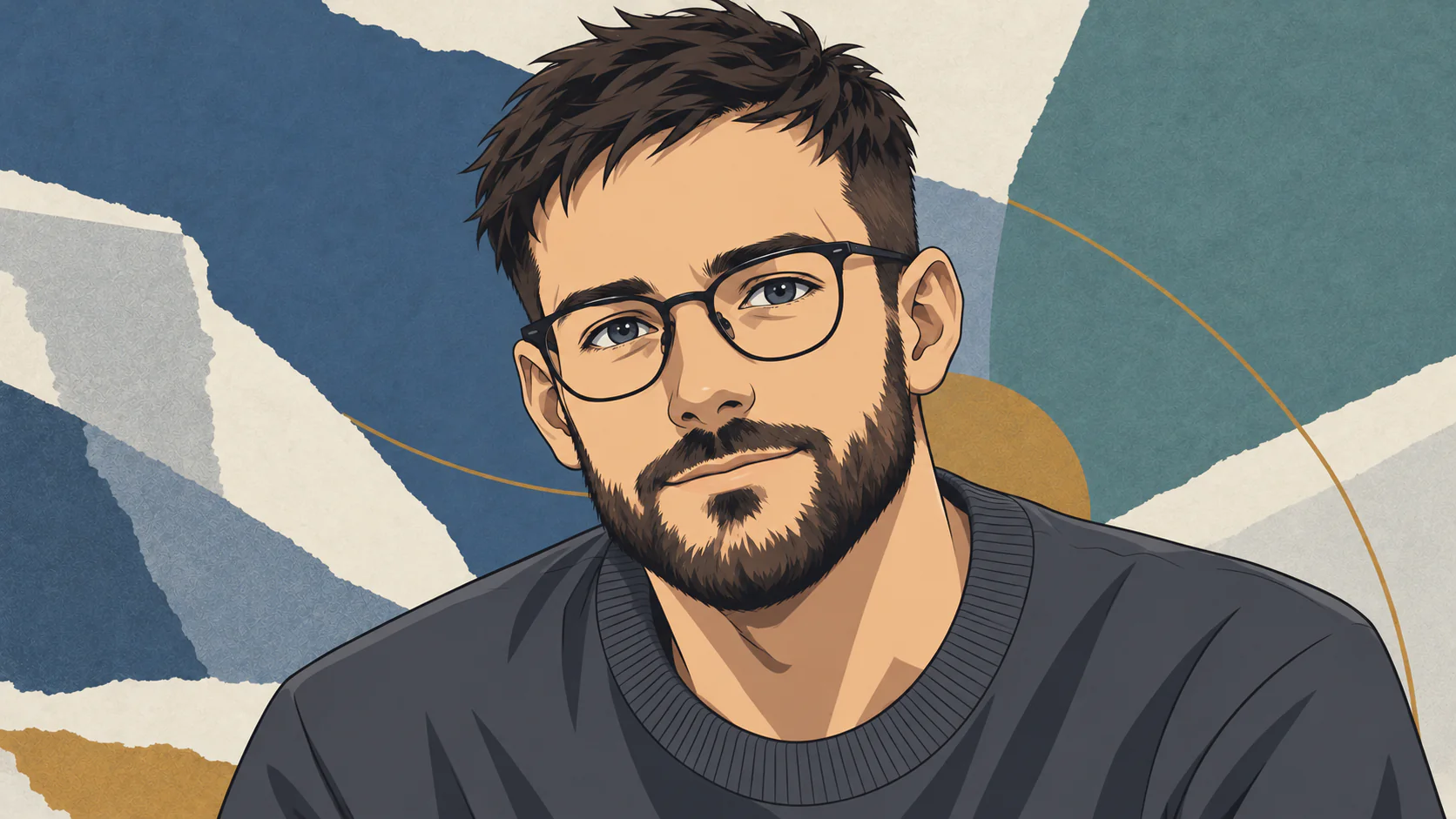 Josh Butlerをイメージした、文字のないAI生成アニメ肖像。青灰色とアイボリーの抽象背景