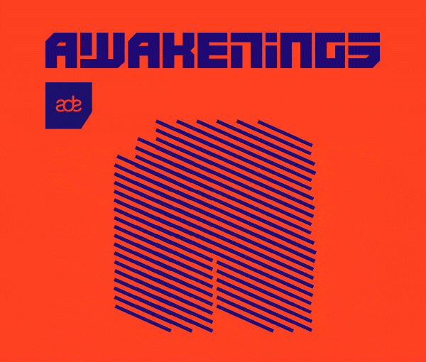 オレンジ地に青のAwakeningsロゴ、ADEロゴ、幾何学図形を配置したイベントキービジュアル。人物写真やサイトUIではない。