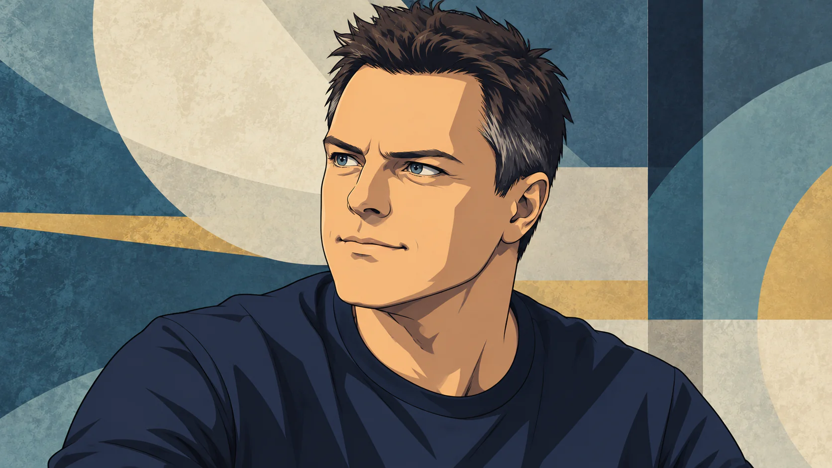 Markus Schulzをイメージした、文字のないAI生成アニメ肖像。青灰色とアイボリーの抽象背景