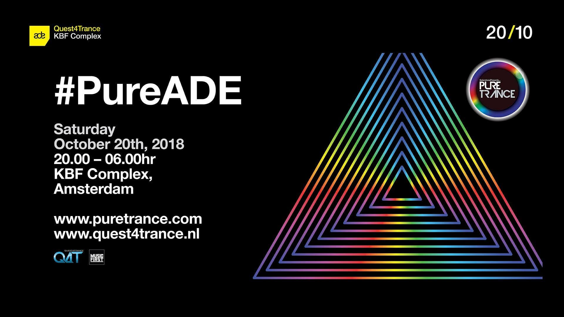 #PureADE、20 October 2018、20.00-06.00、KBF Complex Amsterdam、主催URLとロゴを含む横長フライヤー。