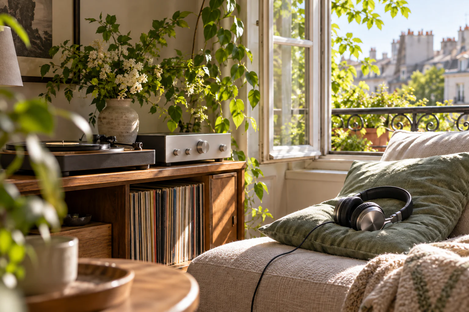 春の光が差し込む居間のレコード棚とヘッドホン（AI生成のイメージ）