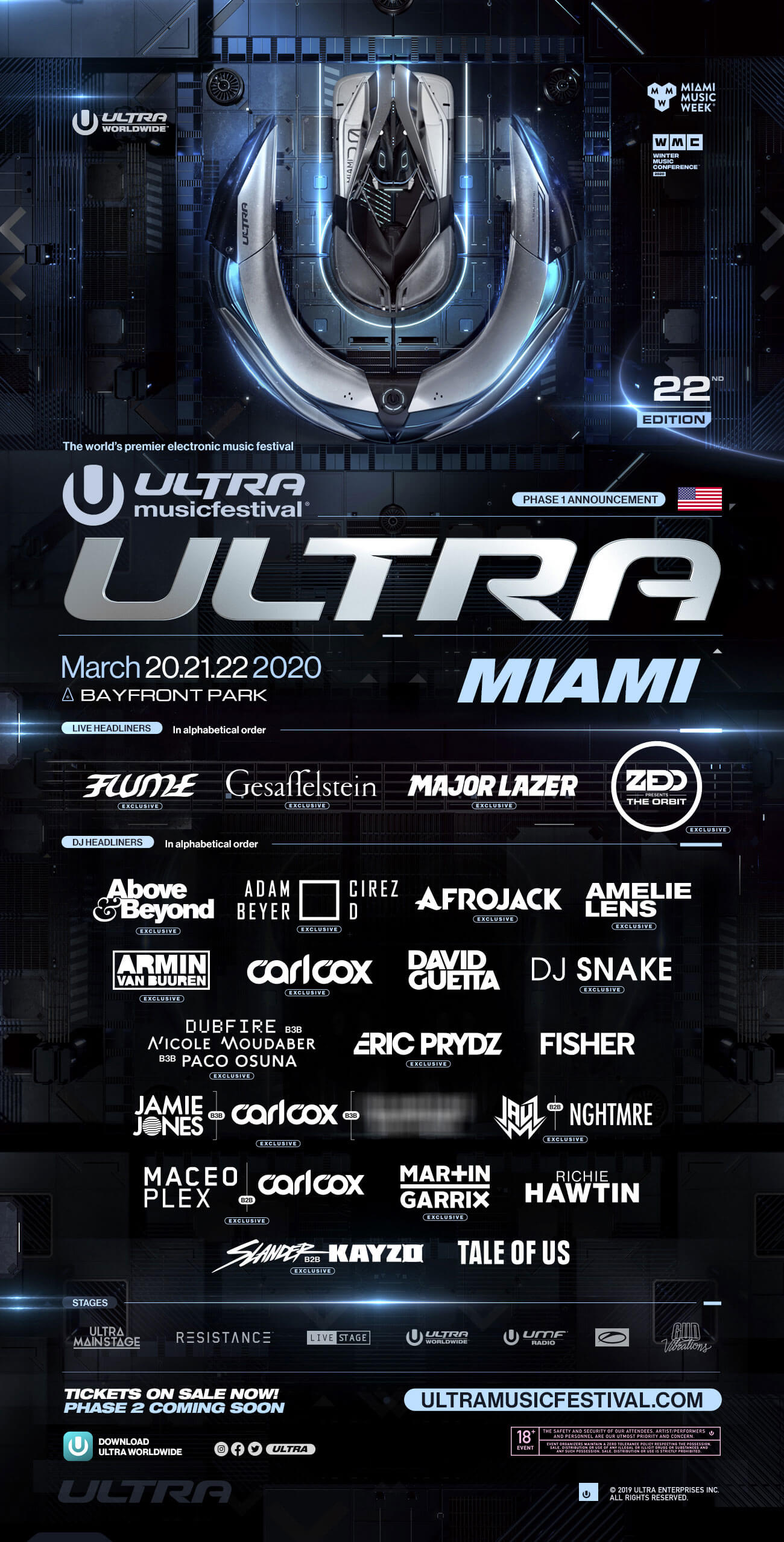 Ultra Miami 2020のPhase 1出演者を告知する公式画像
