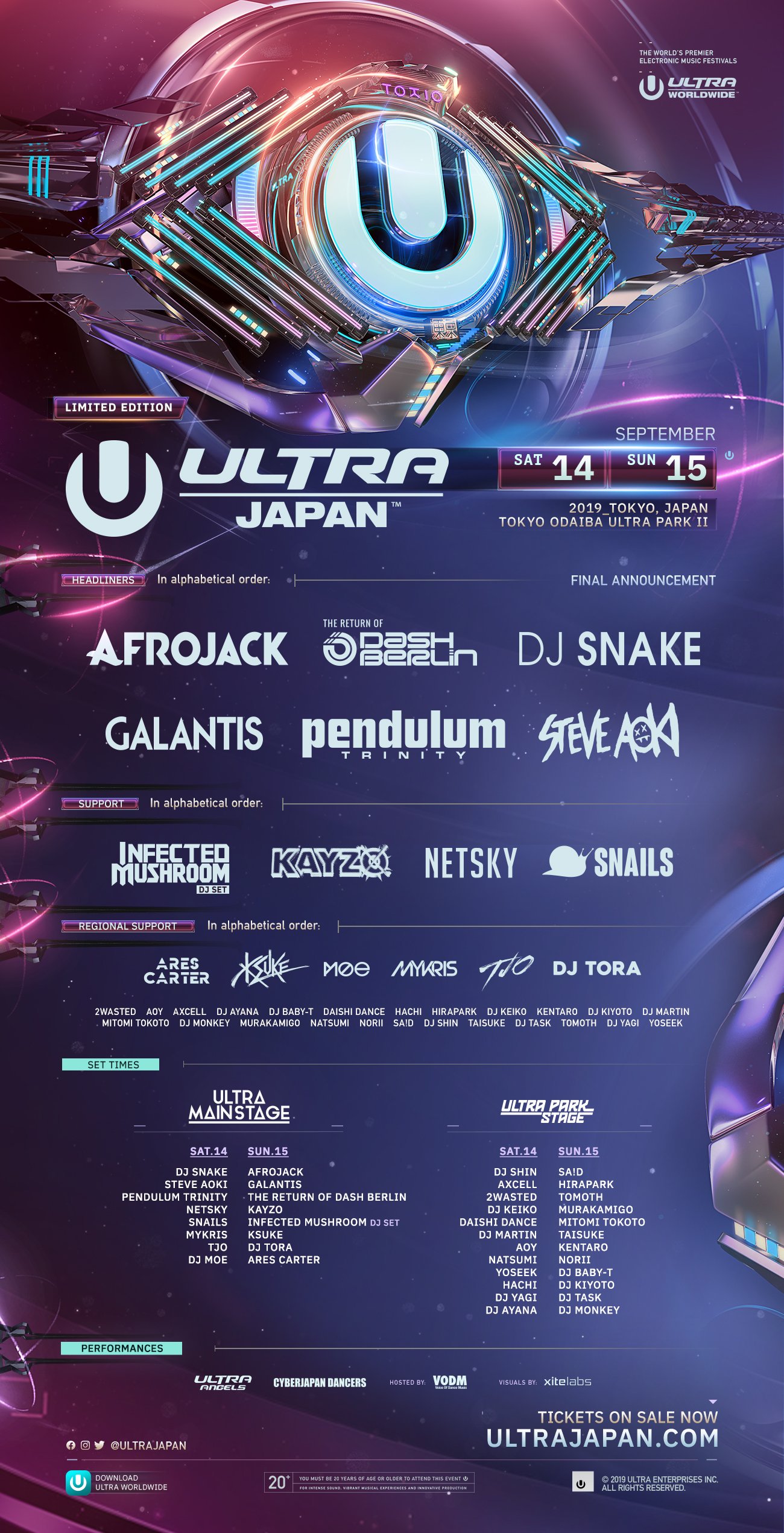 ULTRA JAPAN 2019 FINAL ANNOUNCEMENT、9月14/15日、出演者、ステージ別出演割、クレジットを含む縦型原画。