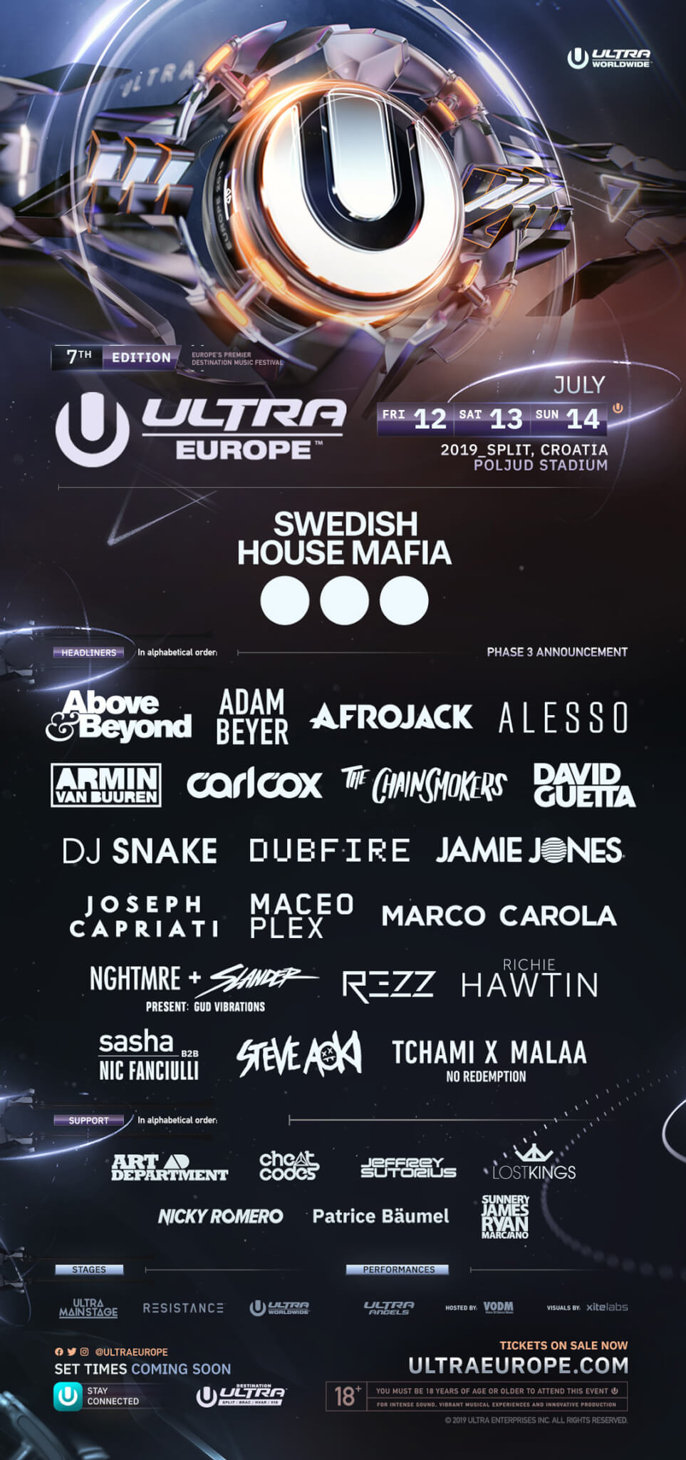 ULTRA EUROPE 2019 PHASE 3 ANNOUNCEMENT、7月12〜14日、出演者、POLJUD STADIUMを含む縦型原画。